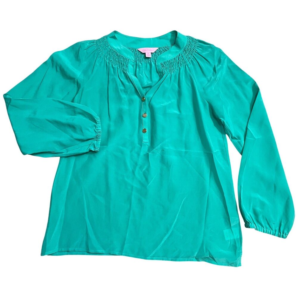 Lilly Pulitzer XS Green Blouse 100% Silk 3/4 Sleeve (see description)